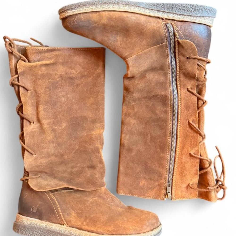 Børn Sable Distressed Brown Leather Tall Boots Back Lace Zip Size 10 / EU 42